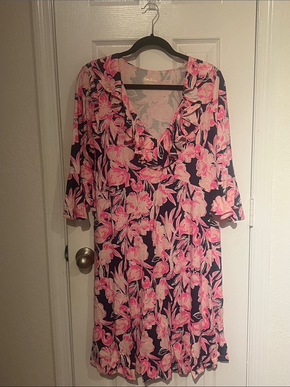 Lilly Pulitzer Stirling Pink and Navy Floral “Inky Flamingo” print V-Neck Dress